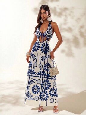Navy & White Floral Halter Cutout Maxi Dress